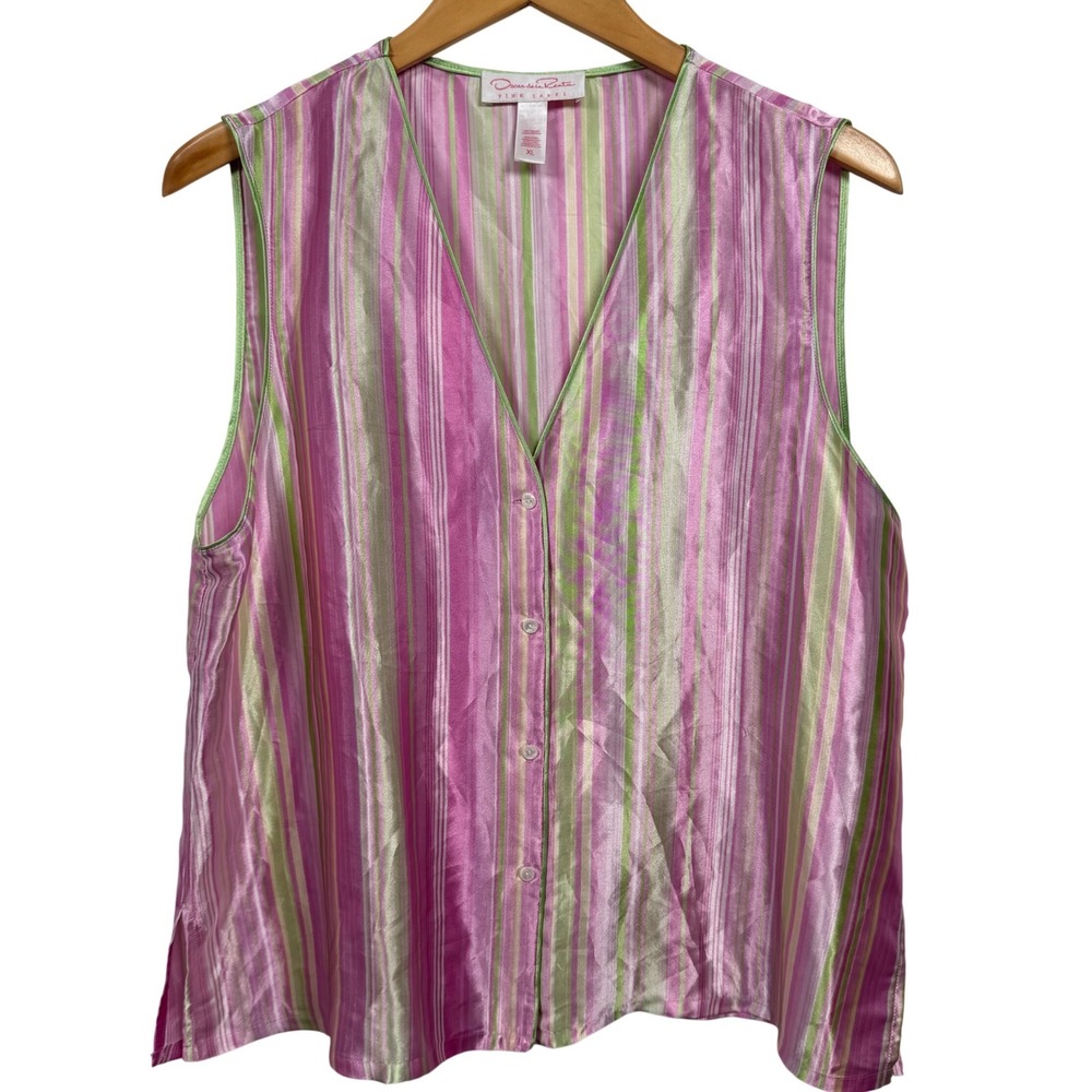 Oscar de la Renta Women XL Pink Label Sleeveless Pajama Top Striped Satin Lounge